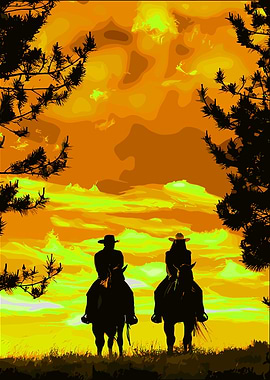 Cowboy Couple Riding Horses at Sunset