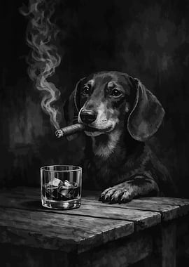 Dachshund Smoking Cigar with Whiskey