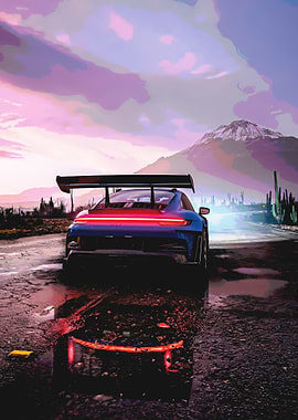 Blue Sports Car in Desert Landscape