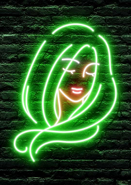 Beautiful Green Hair Woman Virgo Zodiac Neon Sign with a dark brick wall background