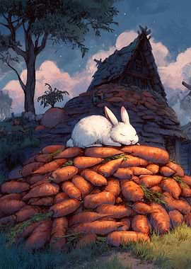Bunny Sleeping on Carrots