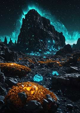 Alien Nightscape with Glowing Crystals and Bioluminescent Flora