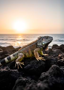 Iguana on Rocks at Sunset
