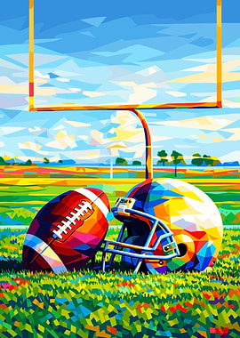 American Football and Helmet on Field