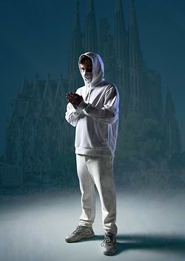 Man in White Hoodie in front of Sagrada Familia alan walker
