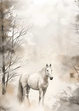 White Horse in Misty Forest