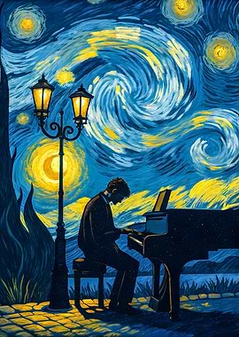 Starry Piano Nocturne: A Musical Journey Under Swirling Skies