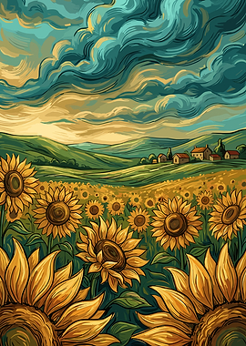 Sunflower Field Under Dramatic Sky