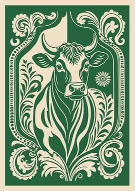 Stylized Bull Portrait with Floral Border