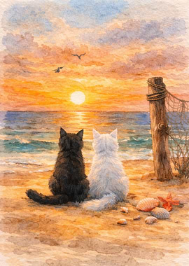 Cats Watching a Sunset on the Beach