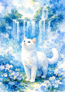 White Cat in a Blue Floral Waterfall Scene
