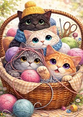 Cute Kittens in a Basket with Yarn