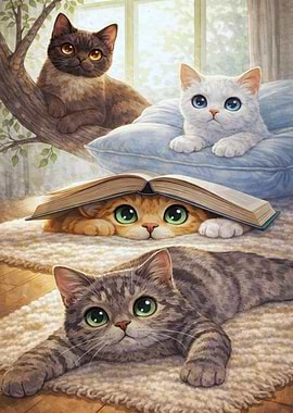 Cute Cats Reading and Relaxing