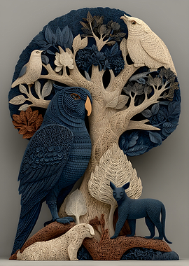 Intricate Nature Scene with Animals and Birds
