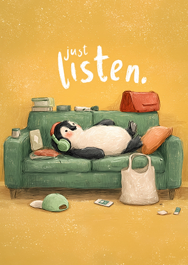 Penguin Listening to Music on Couch