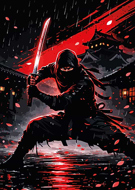 Ninja with glowing sword in the rain