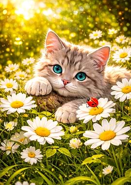 Cute Kitten in a Daisy Field