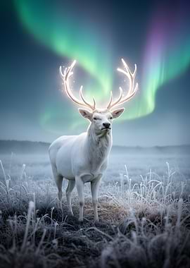 White Stag Under Aurora Borealis