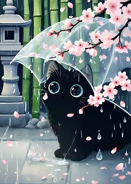 Cute Black Cat Under Cherry Blossoms