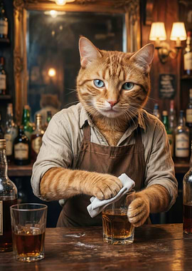 Cat Bartender Cleaning a Glass