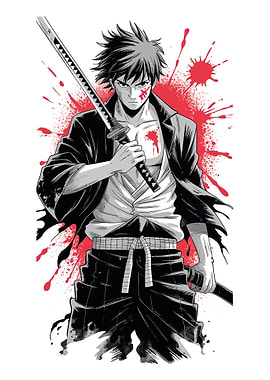 Japanese anime style swordsman with red blood splatter vector art