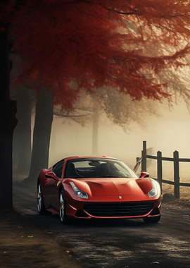 Ferrari on Misty Autumn Road
