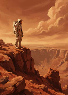 Astronaut on Mars overlooking canyon