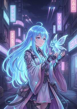 Anime Girl with Fairy in Cyberpunk City