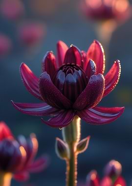 Dark Red Flower with Dewdrops