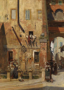 Italian Courtyard Scene with People