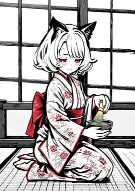 Anime Girl in Kimono Making Matcha