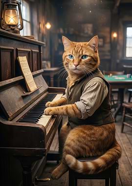 Cat playing piano in a saloon