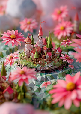 Low Poly Fantasy Castle with Flowers