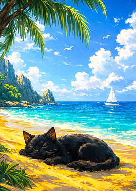 Black cat sleeping on a tropical beach