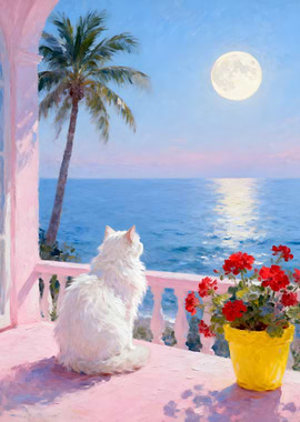 White Cat Gazing at Moonlit Ocean
