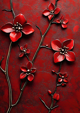 Red Cherry Blossoms on Textured Background