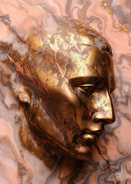 Golden Head Sculpture with Marble Background