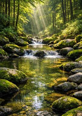 Sunbeams in a Forest Stream