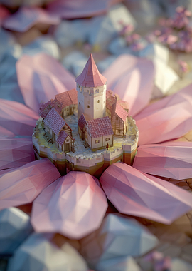 Miniature Castle on Pink Flower Petals