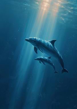 Mother and Baby Dolphin in Sunlit Ocean