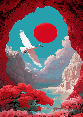 Crane flying under a red sun