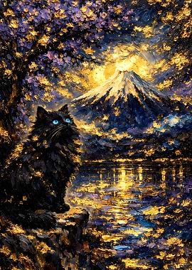 Black Cat by Mount Fuji