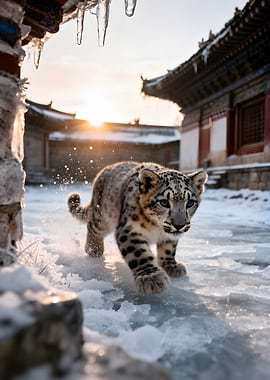 Snow Leopard Cub in Snowy Courtyard