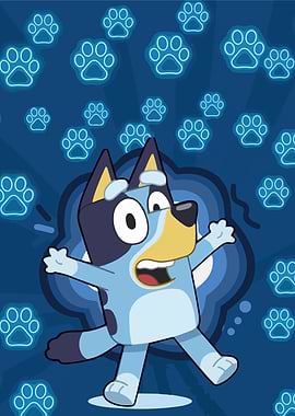 Bluey Character with Paw Prints Background