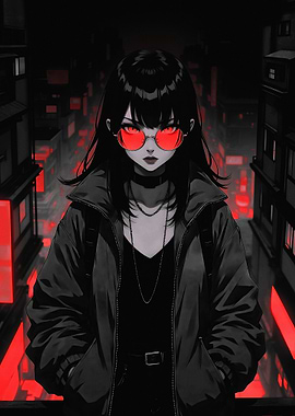 Anime Girl with Red Sunglasses in City