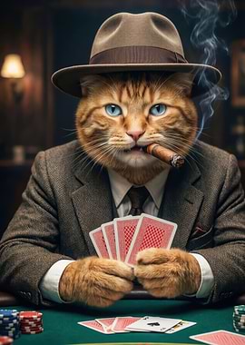 Cat Gambler Smoking Cigar Playing Cards