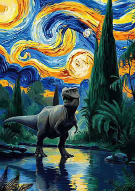 Dinosaur in Starry Night Landscape