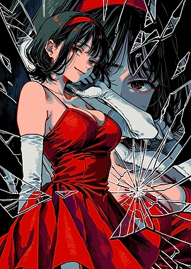 Woman in Red Dress Behind Broken Glass