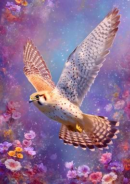 Falcon flying through a floral galaxy