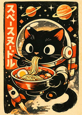 Astronaut Cat Eating Ramen in Space